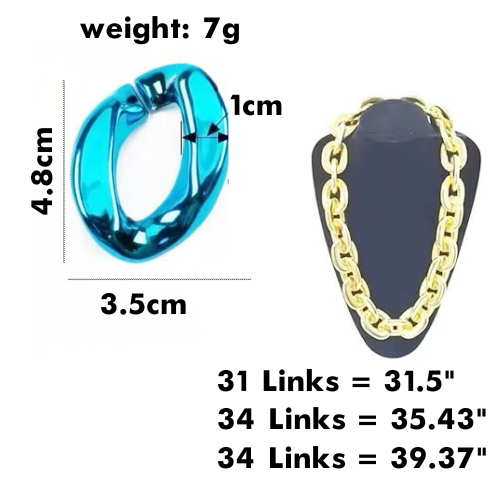 Measurement chart showing a blue chain link and gold chain necklace with dimensions and weight information for our custom fan chains and fan gear. 