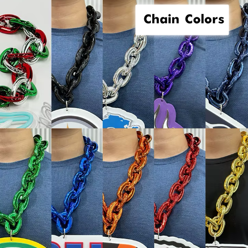 Collage of chain necklaces in various colors on a blue background. All choices for our customers who want fan chains.